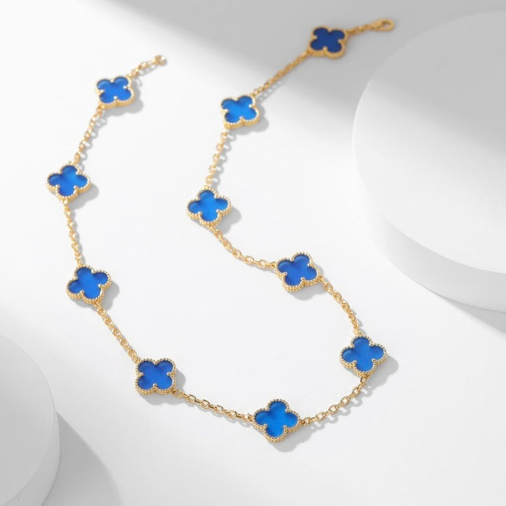 CLOVER 10 MOTIFS BLUE AGATE NECKLACE