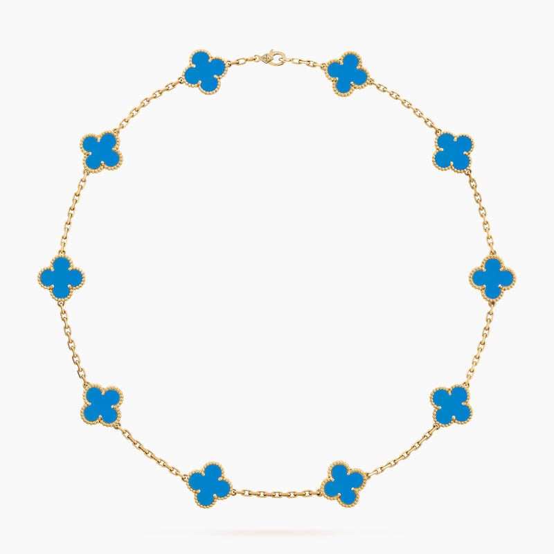 CLOVER 10 MOTIFS BLUE AGATE NECKLACE